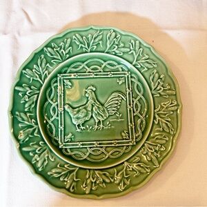 Pair/2 Sur La Table Majolica Style Green Rooster Plates 9” Portugal Farmhouse